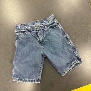 distressed Wrangler blue denim carpenter jorts